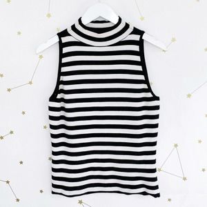 Milly • Black White Striped Mock Neck Textured Shell Top